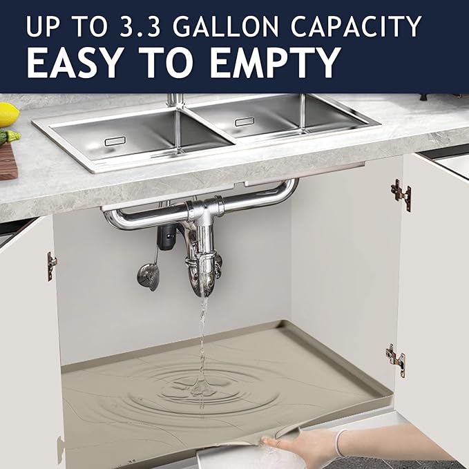 Heavy Duty Silicone Under Sink Mats for Kitchen Waterproof 34" x 19", Extra Thick Under Sink Rubber Mat Drip Tray, Raised Edge Under Sink Liner,Prevent Drips, Leaks, Spills,Brown