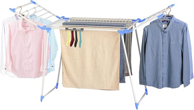 YUBELLES Clothes Drying Rack, Gullwing Laundry Rack, Collapsible, Space-Saving Laundry Rack, with Bonus Sock Clips, for Clothes, Towels, Linens, Indoor/Outdoor, Blue