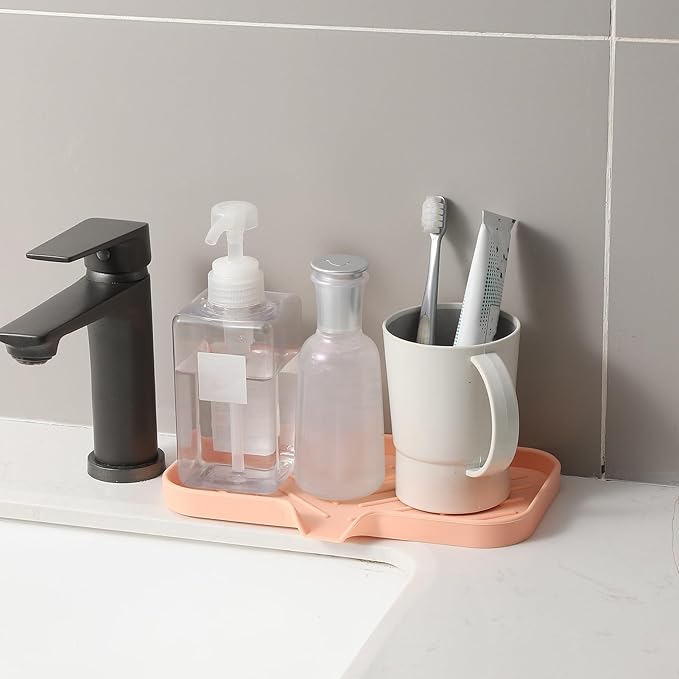 MicoYang Silicone Bathroom Soap Dishes with Drain Spout-Bathroom and Kitchen Sink Organizer,Sponge Holder,Dish Soap Tray,Perfect for Dispenser,Scrubber,Bottle,Cup on Sink or Counter-Pink 9.6"×5.3"