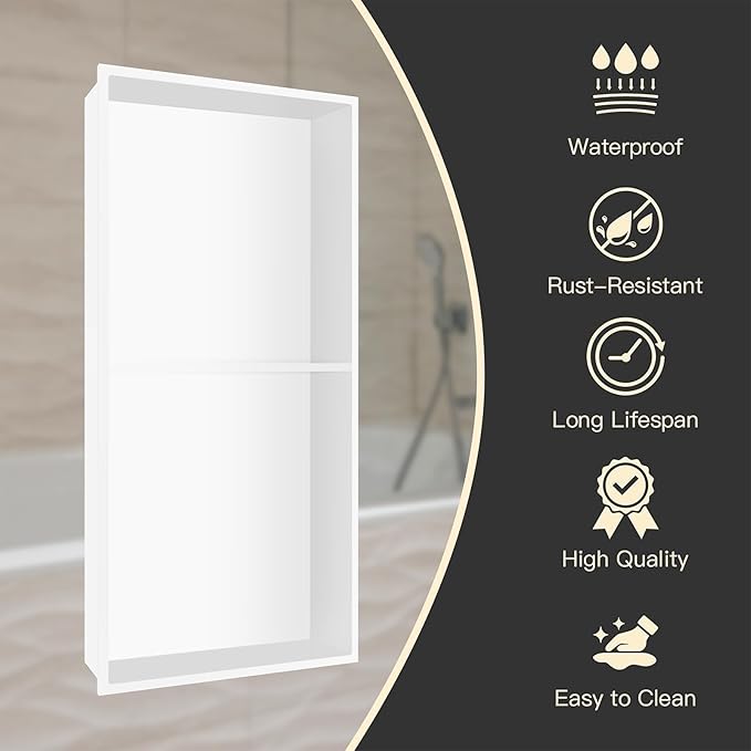 BATHFINESSE Shower Niche 12 X 24 in No Tile Needed, White Double Shelves Recessed Wall Niche Shelf for Bathroom Storage, Stainless Steel