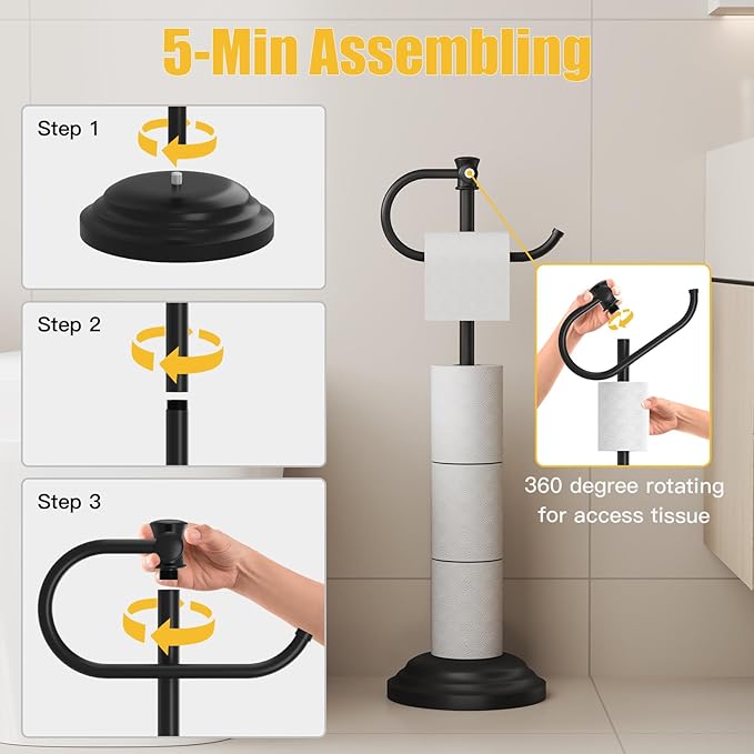 BESy Toilet Paper Holder Free Standing Bathroom Toilet Tissue Holder Stand for Floor Toilet Paper Roll Holder with Storage Hardware Accessories Rack Hand Towel Bar Matte Black Stainless Steel