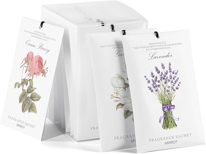 MYARO 12 Pack Assorted Floral Scented Sachets - Lavender, Rose, Jasmine, Ocean, Gardenia & Lily | Drawer, Closet & Car Air Freshener Bags | Multi-Scent Home Fragrance Gift Set