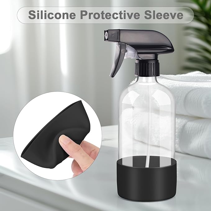 2 Pack Glass Spray Bottles with Silicone Sleeve, 16 oz Empty Refillable Containers with Adjustable Spray Nozzles, Spray Bottles for Hair, Cleaning Solutions and Plants Black