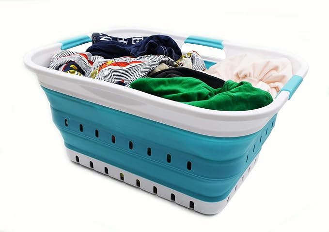 SAMMART 42L (11 gallon) Collapsible Plastic Laundry Basket - Foldable Pop Up Storage Container/Organizer - Portable Basket - Space Saving Hamper/Basket (2, White/Bright Blue)