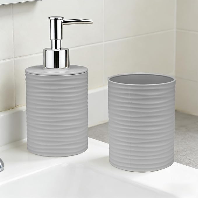 Bathroom Accessories Set, 2-Piece Gray Soap Dispenser & Toothbrush Holder with Ripple Texture & Rust-Proof Pump, Modern Matte Organization