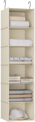 Hanging Closet Organizer, Easy Mount Foldable 6-Shelf Hanging Closet Wardrobe Storage Shelves, Clothes Handbag Shoes Accessories Storage, Washable Oxford Cloth Fabric, Beige