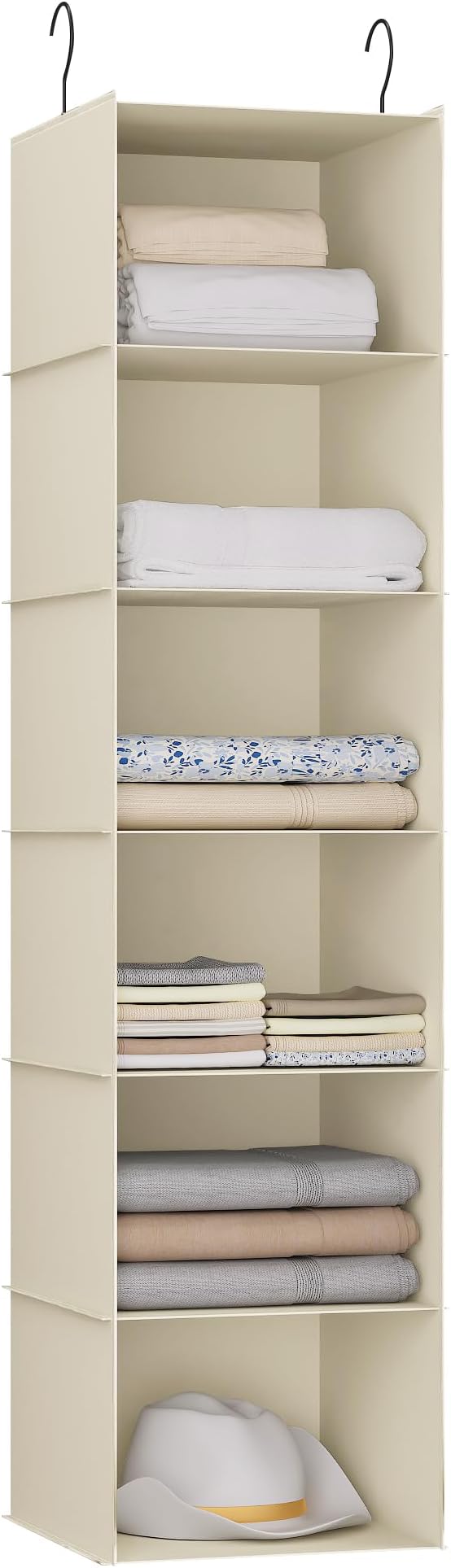 Hanging Closet Organizer, Easy Mount Foldable 6-Shelf Hanging Closet Wardrobe Storage Shelves, Clothes Handbag Shoes Accessories Storage, Washable Oxford Cloth Fabric, Beige