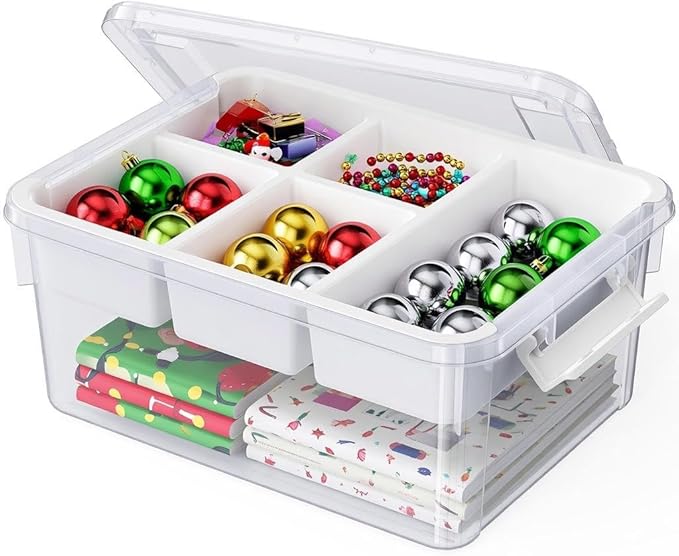 HOMETUK 20Qt Plastic Storage Bin with Lid, Clear Latching Organizer Box with Removable Tray, Portable Storage Container, for Holiday Ornaments, Home Organization, 1Pack