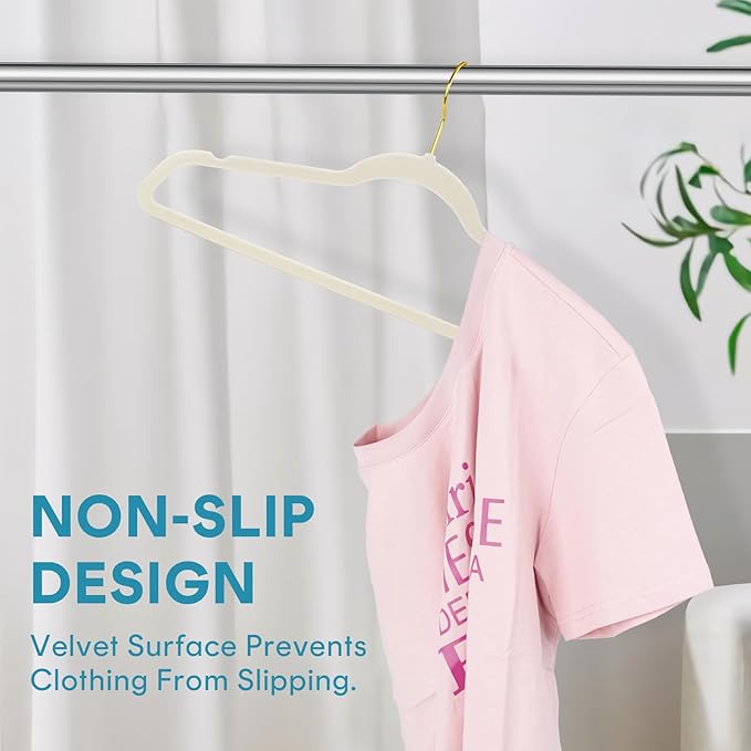 UNEED Ivory Velvet Hangers with Golden Hooks, 36 Pack - Ultra Thin Space Saving, Non-Slip Clothes Hangers for All Clothing, Dorm & Closet Organization (Heavy Duty, Anti-Scratch,360° Protection)