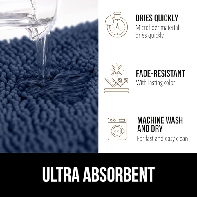 GORILLA GRIP Bath Rug Mat 42x24, Soft Absorbent Chenille, Quick Dry Microfiber Mats, Rubber Backing Washable Shower Floor Rugs, Bathmat Runner, US Designed Bathroom Home Decor Accessories Navy Blue