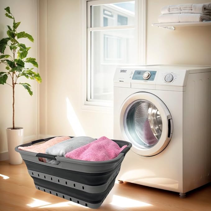 SAMMART 42 (11 Gallons) Collapsible Plastic Laundry Basket, Foldable Pop Up Storage Container/Organizer, Space Saving Hamper, Portable Bin for Dorm Room Bathroom (1, Grey/Black)