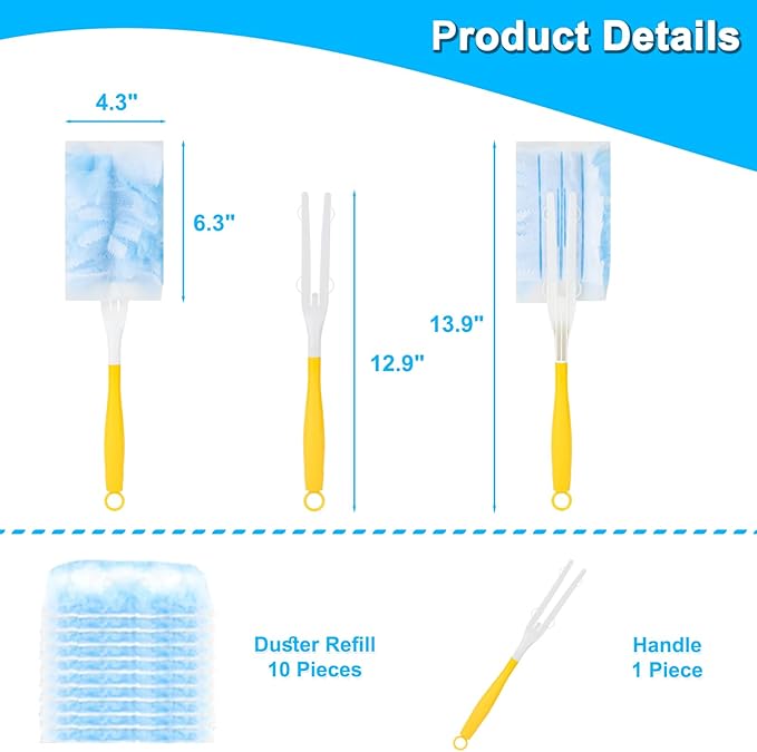 Duster Refill for Cleaning with 1 Handles, Heavy Duty Disposable Duster Kit Unscented Replacement Head Dust Removal Brush for Electronics, Furniture, Blinds, Ceiling Fans, Walls (10pack)