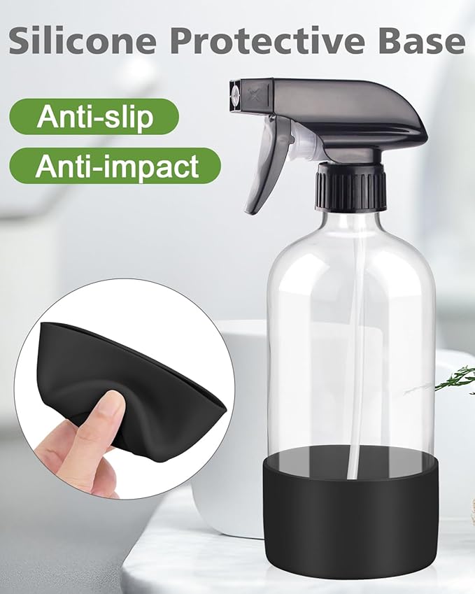 Glass Spray Bottles with Silicone Sleeve Protection, Empty 16OZ Reusable Spray Bottles, Refillable Containers with Spray Nozzles for Cleaning Solutions, Plants and Essential Oils 1 Pack Black