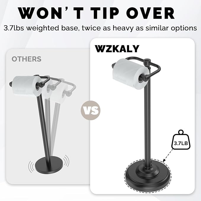 WZKALY Black Toilet Paper Holder Stand, Matte Black Toilet Paper Holder Free Standing, Post Pivoting Design & Stable Weighted Base SUS304 Stainless Steel for Bathroom(Mega Roll)
