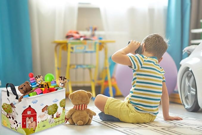 Rectangular Kids Baskets,Farm Baskets for Kids .Waterproof PE Coating Cute Basket with Handles.Boys Bins,Gifts Box,Books Basket. (Farm)