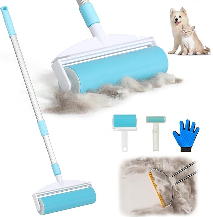 HIDOG 5-in-1 Pet Hair Remover Kit, Washable & Reusable Gel Lint Roller with 40.5" Extendable Handle, Cat Dog Hair Removal Tool, Carpet Rake & Grooming Gloves for Pets, Couch, Furniture, Clothes