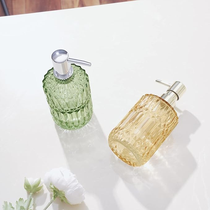 Diamond Design 12 Oz Green Glass Soap Dispenser,Refillable Lotion Soap Dispenser for Bathroom, Kitchen, Hand Soap, Dish Soap,Shampoo, Ideal for Bathroom Countertop. (Clear Gold)