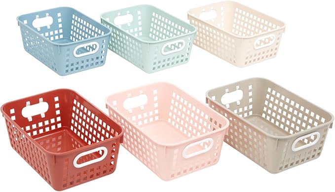 Really Good Stuff Medium Plastic Book Baskets, 11" by 7.5" by 4.5", 6 Pack, Boho Group Colors, Versatile Storage Solution for Classroom, Home, and Office