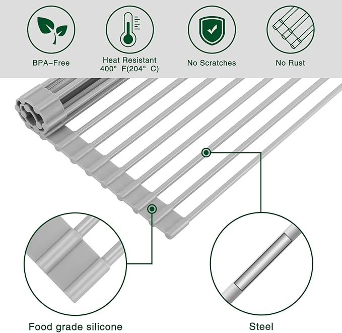 Roll Up Dish Drying Rack Over The Sink Kitchen Roll Up Sink Drying Rack Multipurpose Foldable Sink Drying Mat, Heat-Resistant, Anti-Slip & Anti-Rust Dish Rack for Kitchen, 17" x 13", Grey