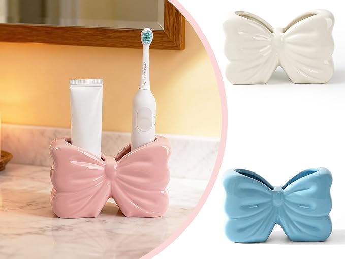 Bow Toothbrush Holder， 2-Slot Toothbrush and Toothpaste Holder Cute Toothbrush Holder Set, Bathroom Counter Organizer for Bathroom，Electric Toothbrushes, Floss, Razors - Pink
