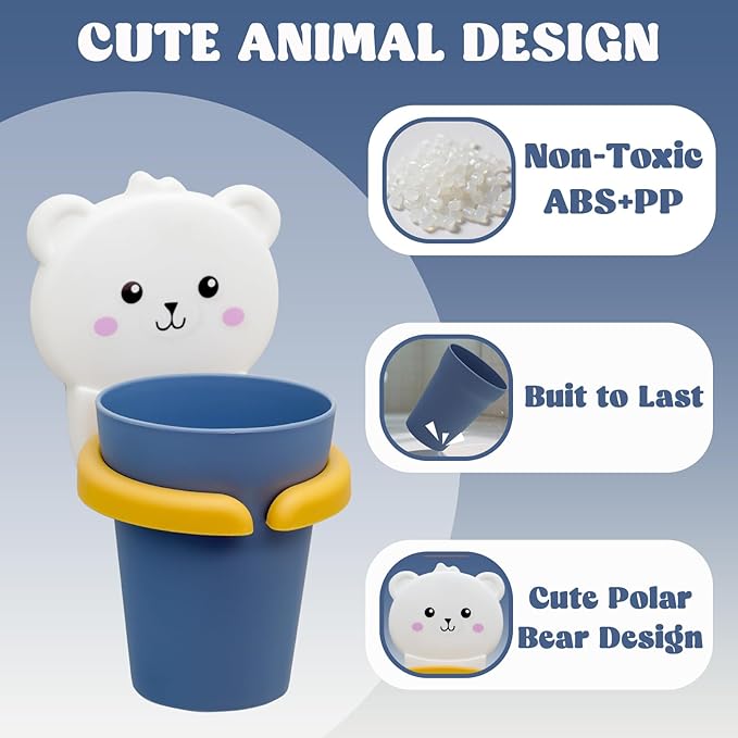Cute Kids Toothbrush Holder with Cup & Toothpaste Wall Mounted, Adhesive Bathroom Organizer - Kids Bathroom Decor Accessories, Animal Toothbrush Holders for Kids - Polar Bear