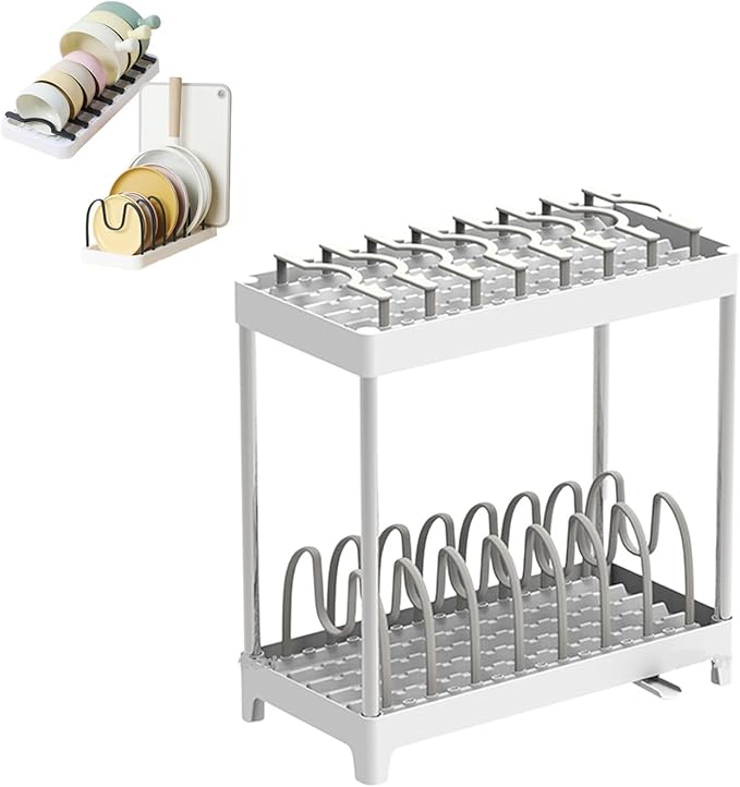 Double-Layer Pot and Pan Lid Organizer with Drainage, Adjustable 16 Compartments for Kitchen Cabinets - Bakeware, Cookware, Cutting Boards & Dishes (Khaki Gray)