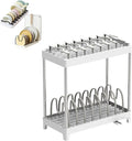 Double-Layer Pot and Pan Lid Organizer with Drainage, Adjustable 16 Compartments for Kitchen Cabinets - Bakeware, Cookware, Cutting Boards & Dishes (Khaki Gray)