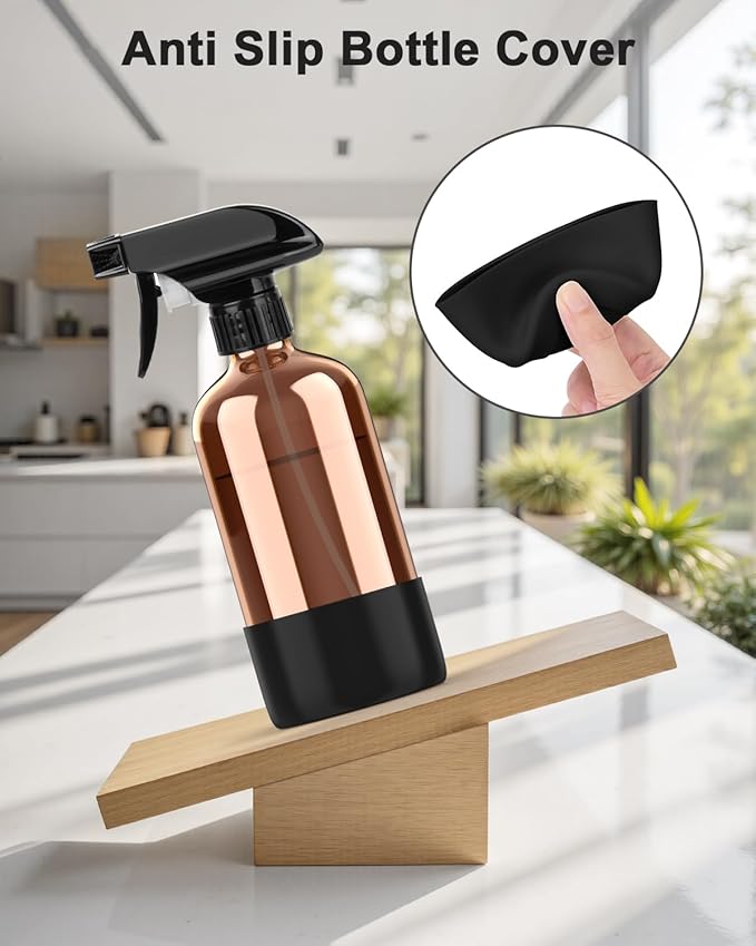 Amber Glass Spray Bottle with Silicone Sleeve Protection, 16 oz Refillable Spray Bottle for Cleaning Solutions, Plants, Aromatherapy, Facial Hydration (Black Sleeve(Amber Bottle)