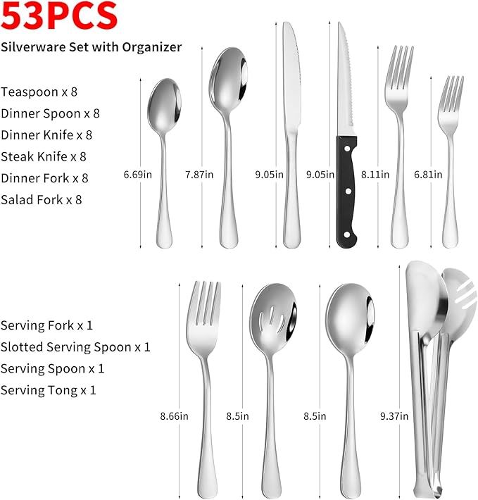 53PCS Silverware Set for 8 with Flatware Drawer Organizer, Stainless Steel Cutlery Set with Steak Knives, Include Spoons and Forks Set & Serving Utens, Dishwasher Safe, Heavy Duty, Silver