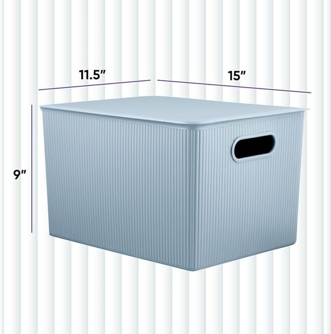 Superio Ribbed Collection - Decorative Plastic Basket Open Home Storage Bins Organizer, Blue Containers for Organizing Closet Storage Bins for Shelves (Bin with Lid- Extra Large (22 Liter), 2 Pack)