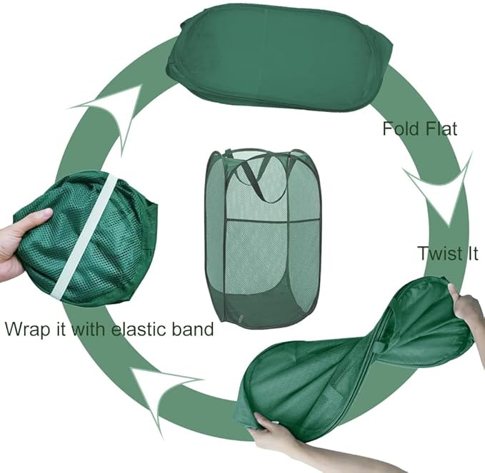 Pop Up Laundry Basket, Collapsible Mesh Laundry Hamper, Vertical Popup Hamper for Laundry, Spacing Saving Storage Basket for Bedroom, Hotel, Cruise, Green
