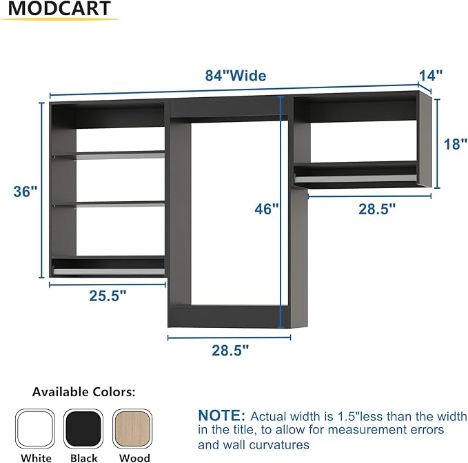 Modular Closet System, 84" Wide Closet Organizer System with Hanging Shelving , Wood Tower Closet Storage for Walk In Closets, Wall Mounted Wardrobe Organizer Kit System, Bedroom, Black