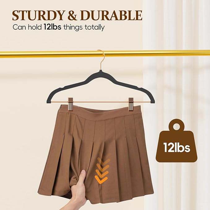 Velvet Hangers with Adjustable Clips 25 Pack, Space Saving, Non-Slip Slim Felt Clothes Hangers for Pants, Skirts, Dress, Suits, Heavy Duty Rose Gold Metal Hanger with 360° Swivel Hook (Black)