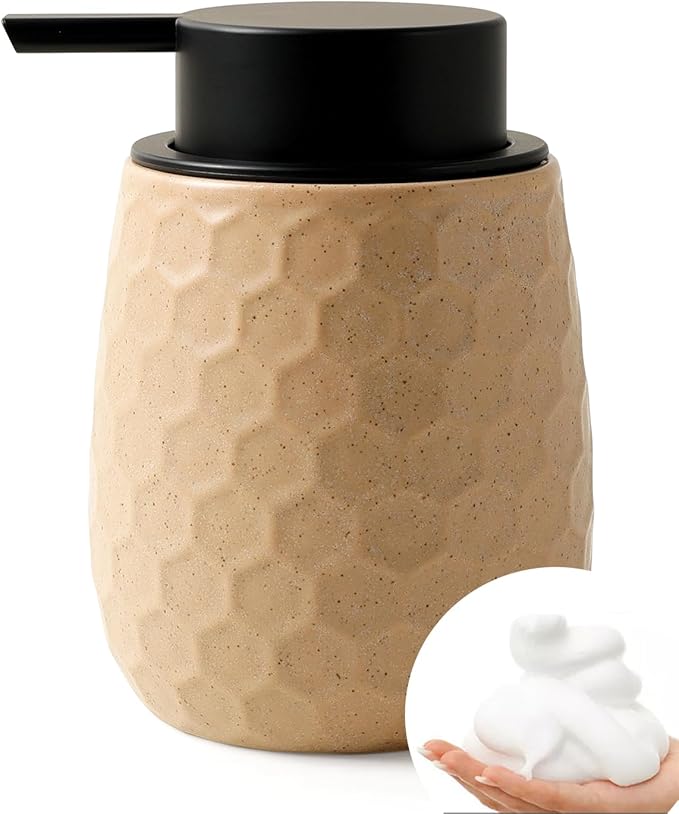Foaming Soap Dispenser, 12OZ Ceramic Foam Hand Soap Dispenser with Honeycomb Design for Kitchen or Bathroom, Khaki Refillable Dish Lotion Dispenser, ANTIS'S HOME