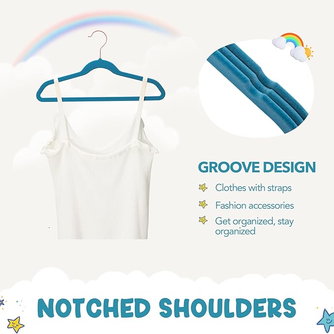 HOUSE DAY Velvet Kids Hangers 60 Pack, Premium Childrens Hangers for Closet, Ultra Thin Cute Clothes Hanger, Non Slip Small Felt Hanger 14 Inch for Kids Clothes, Light Blue