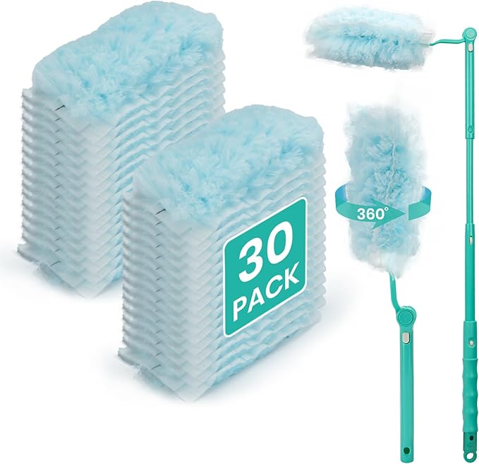 360° Heavy Duty Duster Kit with Extension Handle and 30 Count Static Duster Refills for Cleaning Electronics, Furniture, Blinds, Ceiling Fans