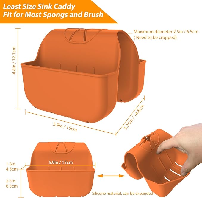 Sponge Holder for Kitchen Sink, Silicone Sink Saddle Caddy Organizer Rack, Sponges Holder Over Faucet, Hanging Kitchen Organizer Accessories Rack Basket - Orange