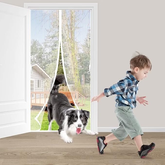 Magnetic Screen Door Fit Door Size 65×96 inch, Screen Itself Size:67"x97", Hands Free Self Sealing, Full Frame Magic Tape Mesh Screen Door with Magnets Heavy-Duty Mesh Curtain for Entry Door-White