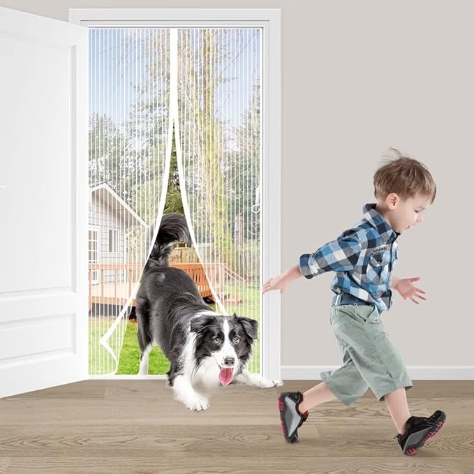 Magnetic Screen Door Fit Door Size 72×96 inch, Screen Itself Size:74"x97", Hands Free Self Sealing, Full Frame Magic Tape Mesh Screen Door with Magnets Heavy-Duty Mesh Curtain for Entry Door-White