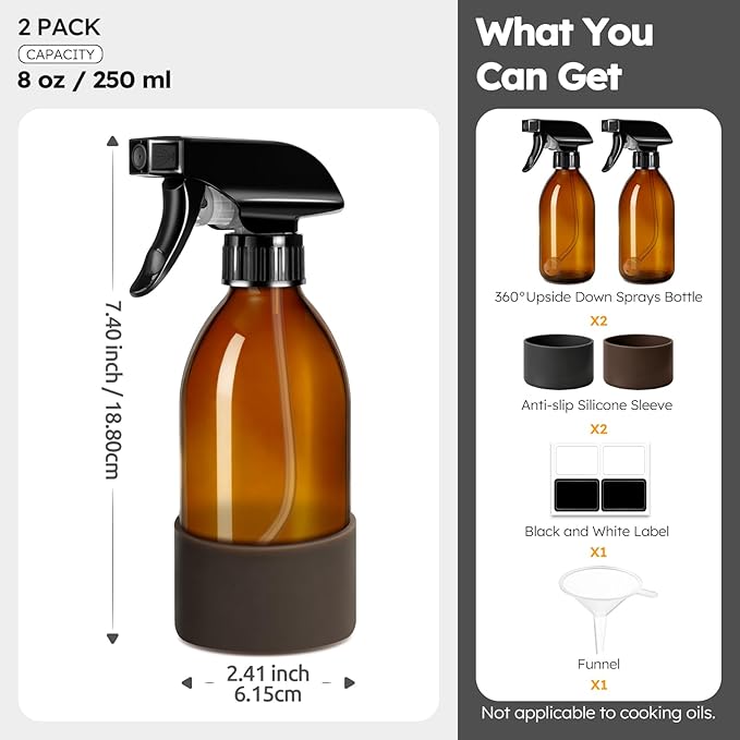Tecohouse 2 Pack 360° Amber Glass Spray Bottles with Silicone Sleeve, 8 oz Empty Refillable Containers with Adjustable Spray Nozzles, Dark Spray Bottles for Cleaning Solutions, Plants (Black & Brown)