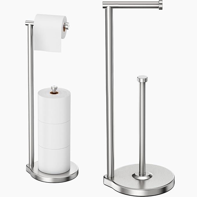 theaoo Heavy-Duty Toilet Paper Holder Stand – Modern Freestanding Bathroom Toilet Tissue Paper Roll Holder with Reserve & Storage, Stainless Steel (Silver, Free Standing)