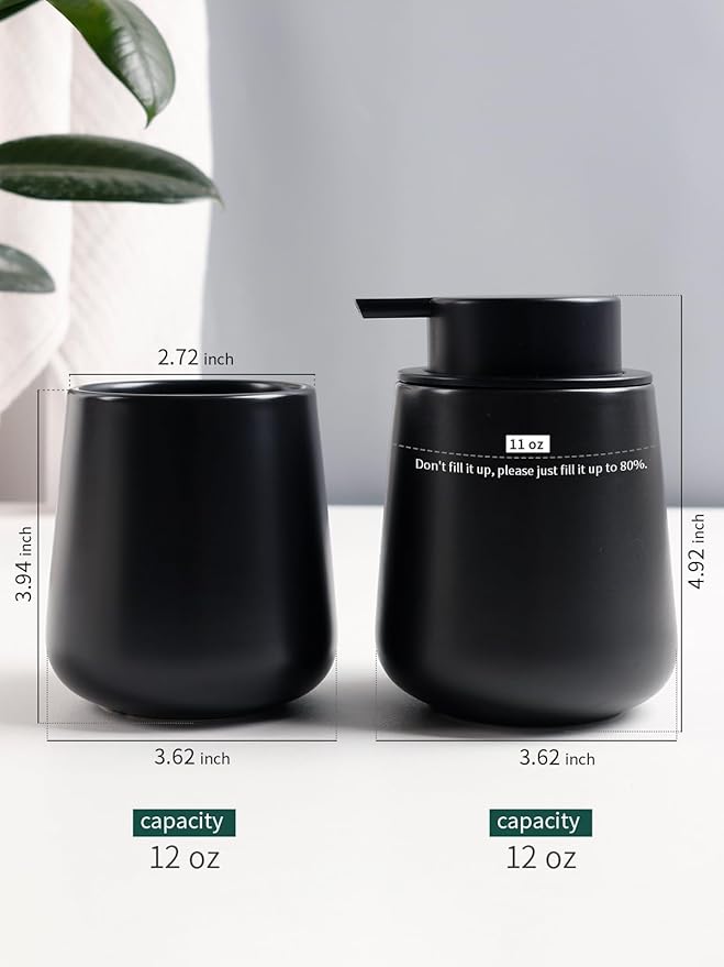 Bosilunlife Soap and Toothbrush Holder Set - Ceramic Bathroom Accessories Set Black Liquid Hand Soap Dispenser Set for Bathroom Toothbrush Holder and Soap Dispenser Set