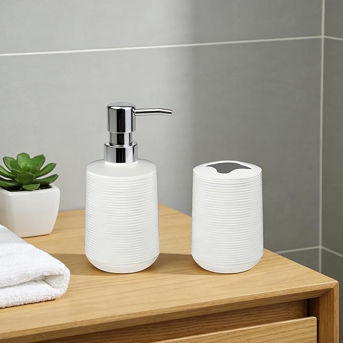 Bathroom Accessories Set, Bathroom Soap Dispenser & Toothbrush Holder Set, 2Pcs High Capacity Bathroom Set in White, Minimalist Boho Style for Clutter-Free Bathroom