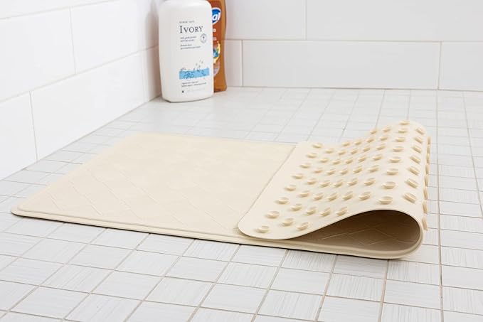 WHP Bathtub Mats for Bathroom Non Slip Shower Use - Rubber Mat w/Suction Cup - Floor Mat, Antislip Surface - Rubber for Elderly, Pets, & Children, Secure Gripping Mat - (16"x28" Large) Ecru