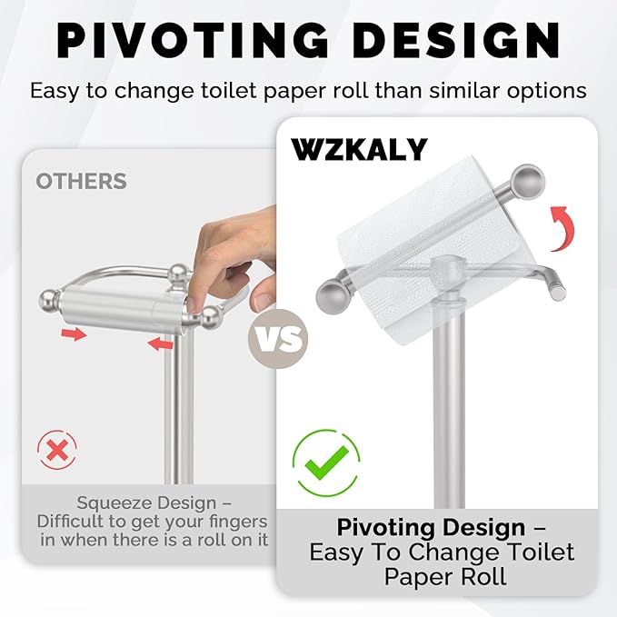 WZKALY Toilet Paper Holder Stand, Brushed Nickel Toilet Paper Holder Free Standing, Post Pivoting Design & Stable Weighted Base SUS304 Stainless Steel for Bathroom(Mega Roll)