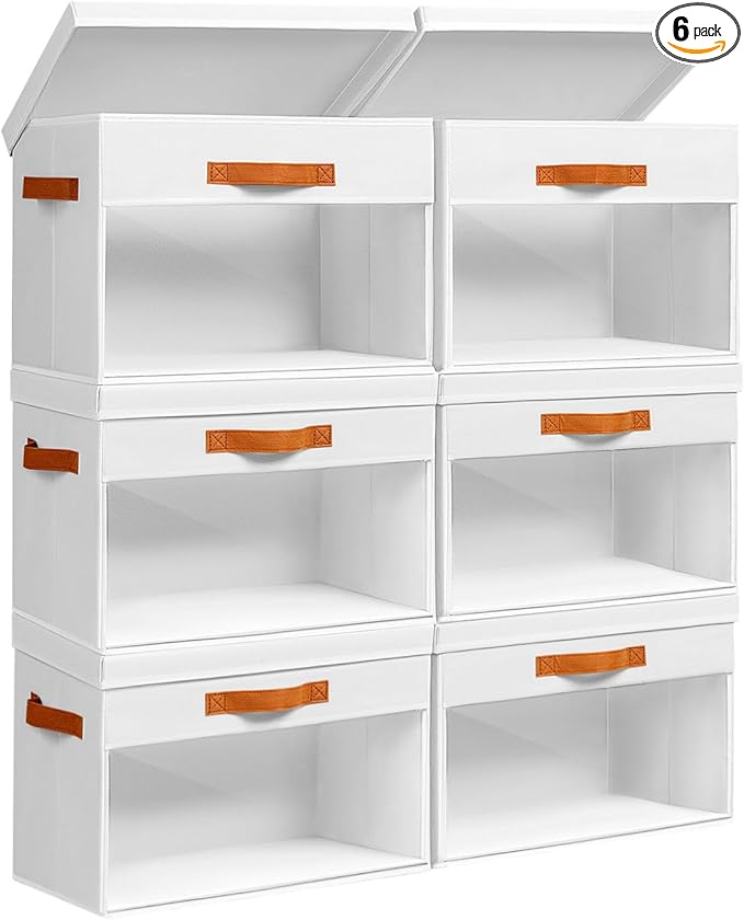 Large Storage Bins with Lids - 6 Pack Foldable Decorative Organizers with Clear Windows & Handles, Cube Storage Organizers for Clothes, Blankets, Sweaters, Sheets, White