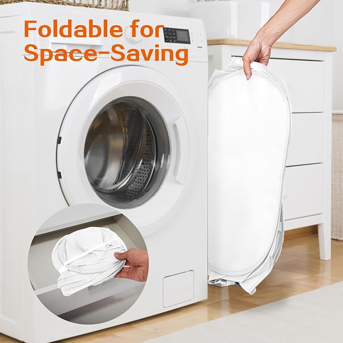 Durable Collapsible Foldable Mesh Pop Up Laundry Basket, 2 Compartments Easy to Carry & Sort Clothes Hampers for Home, Dorm, Travel White