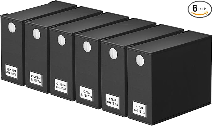 SpaceAid 6 Pack Bed Sheet Organizer and Storage, Foldable Sheet Organizer with Window for Linen Closet, Set Folder Keeper for Queen & King Size Bedding Storage (Black)