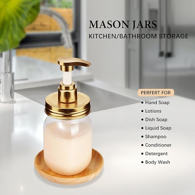 Amolliar Plastic Mason Jar Soap Dispenser with Pump Lid,16OZ Refillable BPA-Free Hand Soap Dispenser Set with Cute Lables - for Kitchen/Bathroom, Liquid Soap, Dish Soap, Lotion (2 Pack, Gold)