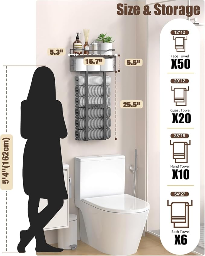 Large Towel Rack & Bathroom Towel Holder - Wall Mounted Metal Rack with Wooden Floating Shelf, Small Bathroom Towel Storage, Easy Holds 6 Large Rolled Towels, Black with Brown Plank